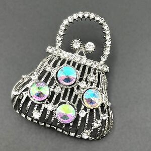 Silver with White Diamond and AB Crystal Lady Handbag Purse Pin Back Brooch